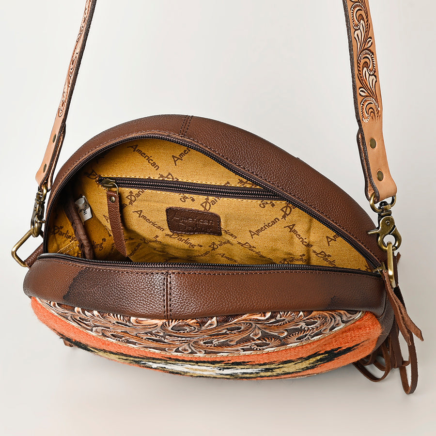 American Darling Hand Woven Saddle Blanket Canteen Bag Hand Tooled Leather Fringes Vegetable-Tanned Genuine Leather Western Crossbody YKK Zipper