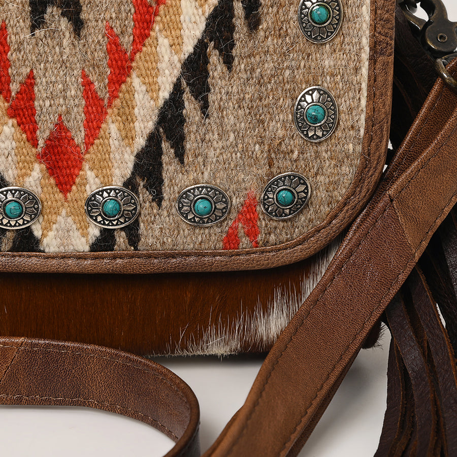 American Darling Western Leather Small Crossbody Bag with Hair-On Cowhide Fringes and Hand Woven Saddle Blanket Flap – Genuine Leather