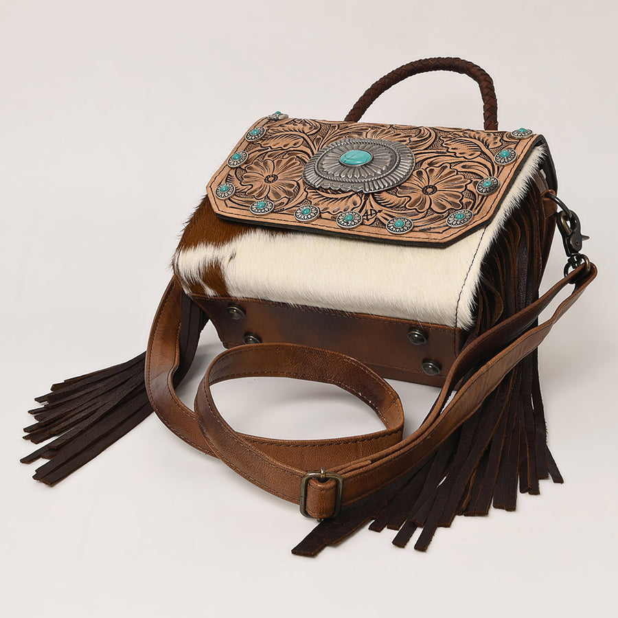 American Darling Western Leather Small Crossbody Bag with Hair-On Cowhide Fringes and Hand Woven Saddle Blanket Flap – Genuine Leather