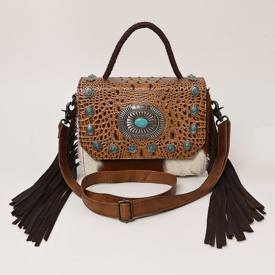 American Darling Western Leather Small Crossbody Bag with Hair-On Cowhide Fringes and Hand Woven Saddle Blanket Flap – Genuine Leather