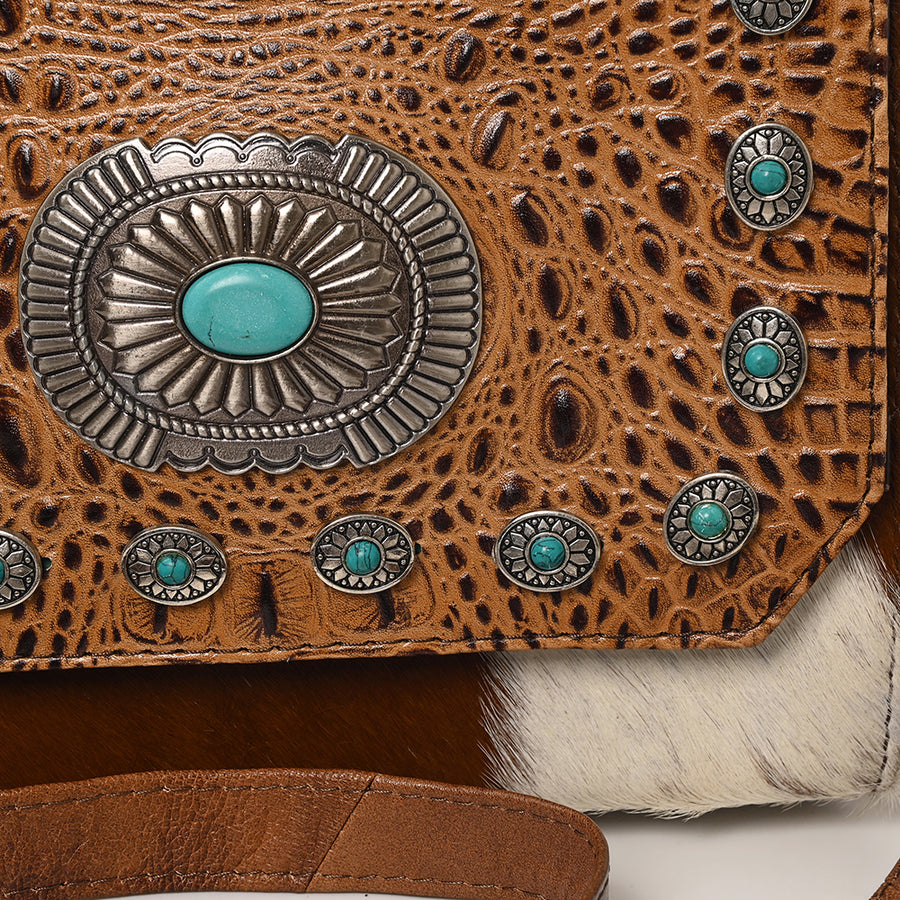 American Darling Western Leather Small Crossbody Bag with Hair-On Cowhide Fringes and Hand Woven Saddle Blanket Flap – Genuine Leather