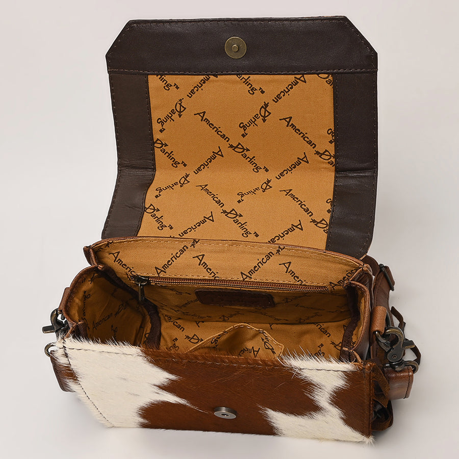 American Darling Western Leather Small Crossbody Bag with Hair-On Cowhide Fringes and Hand Woven Saddle Blanket Flap – Genuine Leather