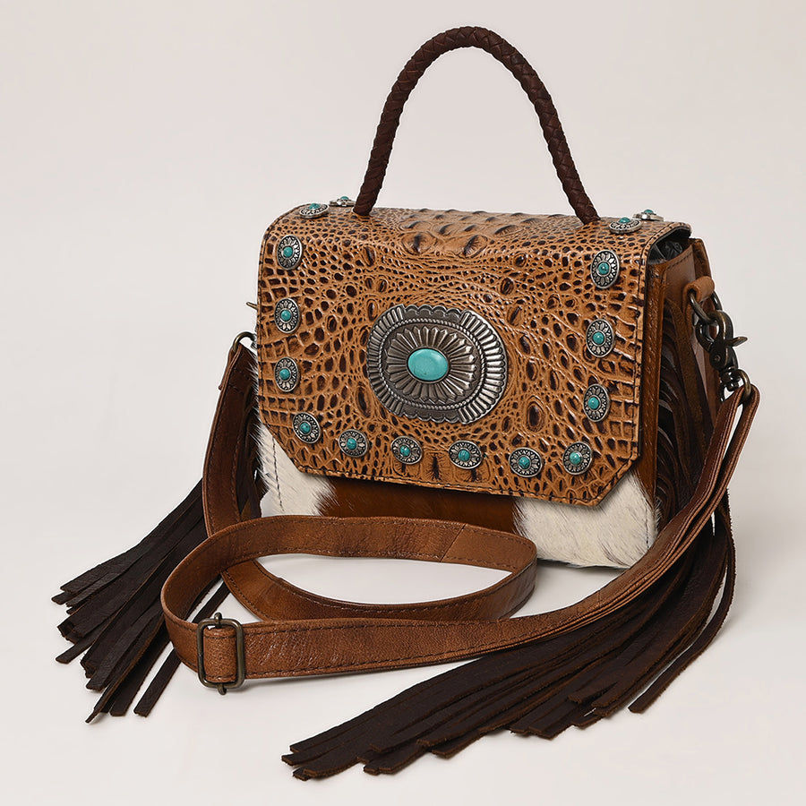 American Darling Western Leather Small Crossbody Bag with Hair-On Cowhide and Embossed Concho Detail - Uhorse