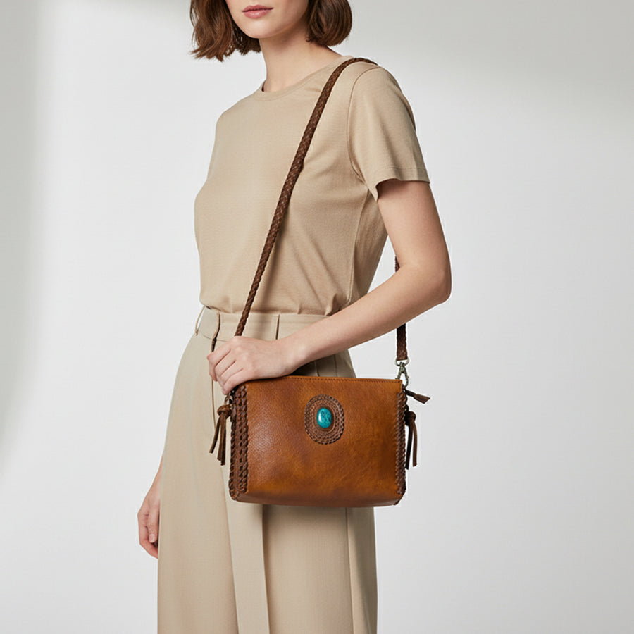American Darling Cross body Bag Western Genuine Leather Handcrafted Purse with Turquoise Stone and Braided Detail