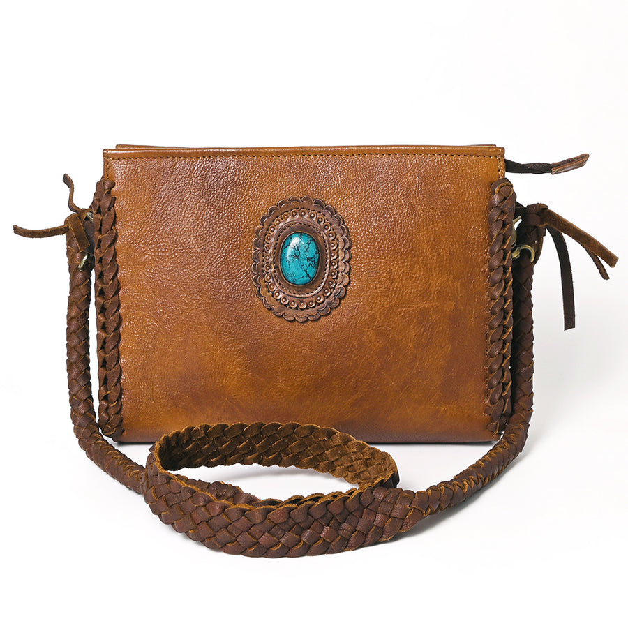 American Darling Cross body Bag Western Genuine Leather Handcrafted Purse with Turquoise Stone and Braided Detail