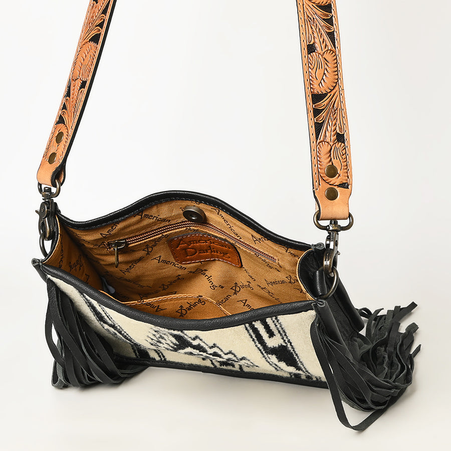 American Darling Messenger Bag Handcrafted from Hand Tooled Floral Carved Genuine Leather with Fringes and YKK Zipper