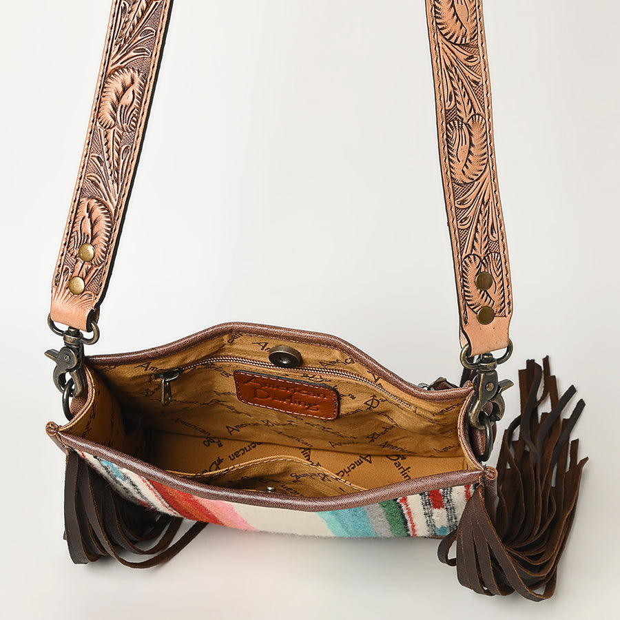 American Darling Messenger Bag Handcrafted from Hand Tooled Floral Carved Genuine Leather with Fringes and YKK Zipper