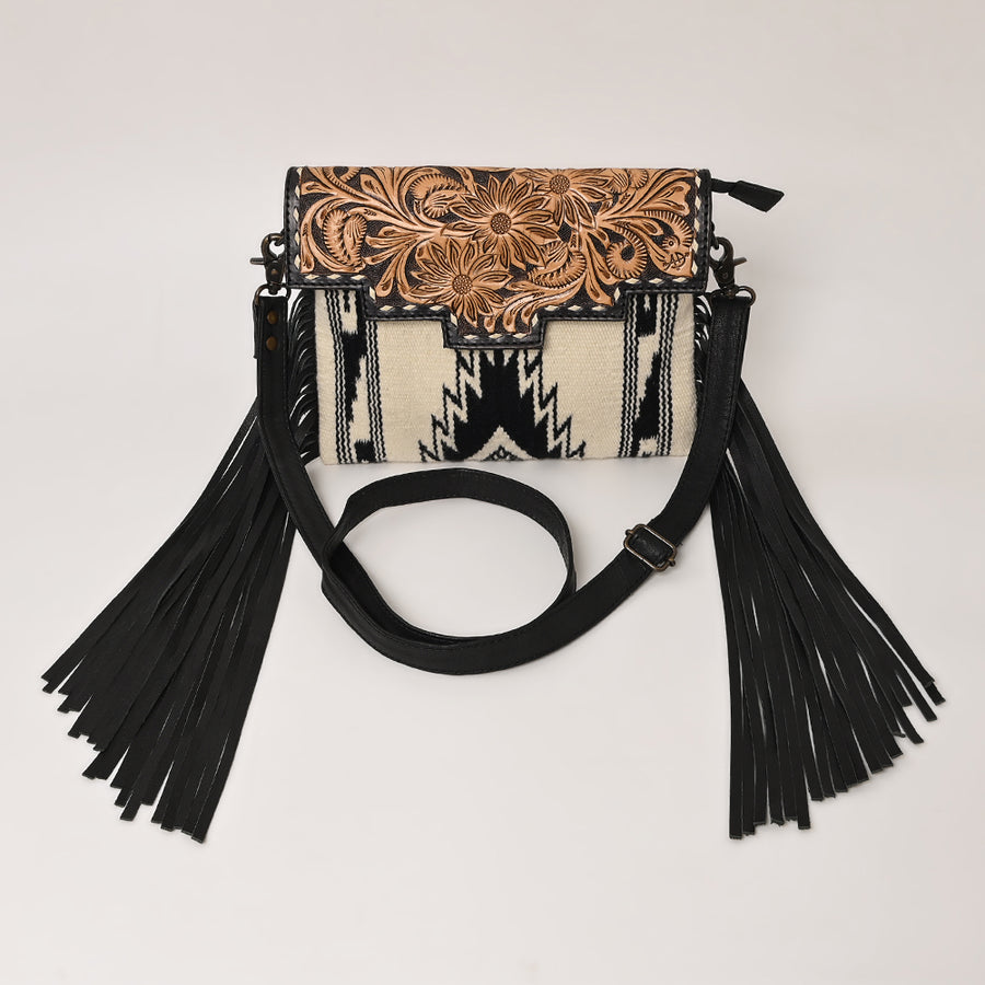 American Darling Cross body Bag Hand Tooled Floral Carved Saddle Blanket Genuine Leather Western Purse with Fringes and YKK Zipper