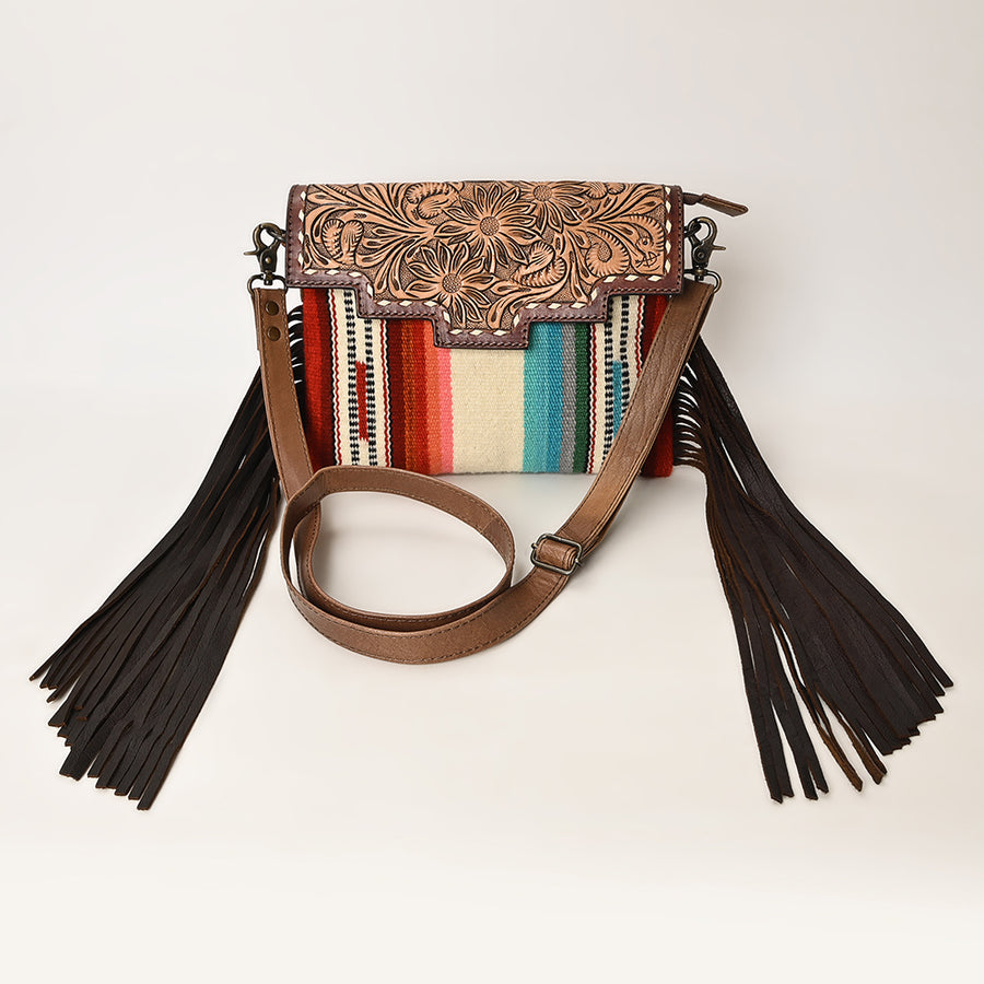 American Darling Cross body Bag Hand Tooled Floral Carved Saddle Blanket Genuine Leather Western Purse with Fringes and YKK Zipper