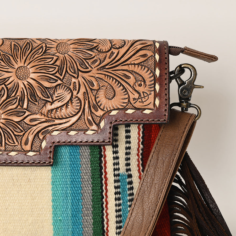 American Darling Cross body Bag Hand Tooled Floral Carved Saddle Blanket Genuine Leather Western Purse with Fringes and YKK Zipper