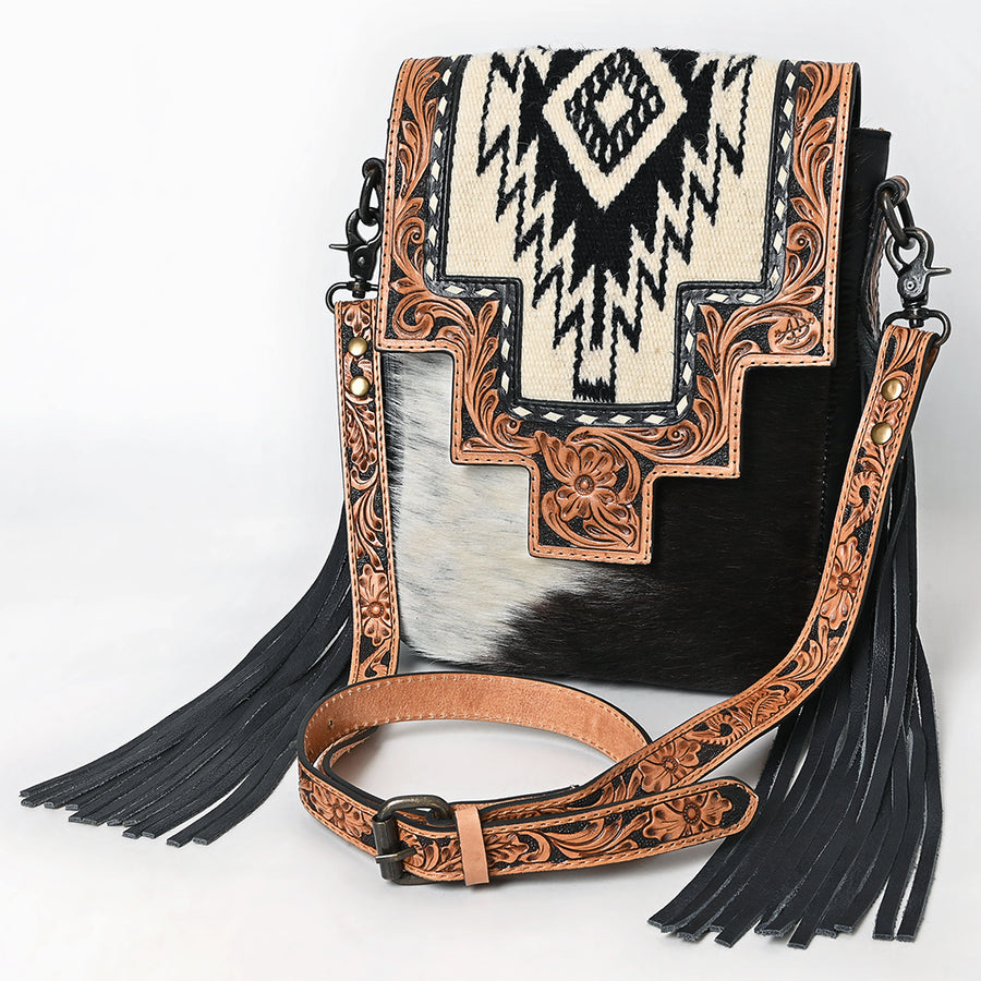 American Darling Hand Tooled Floral and Cowhide Messenger Bag with Saddle Blanket - Uhorse