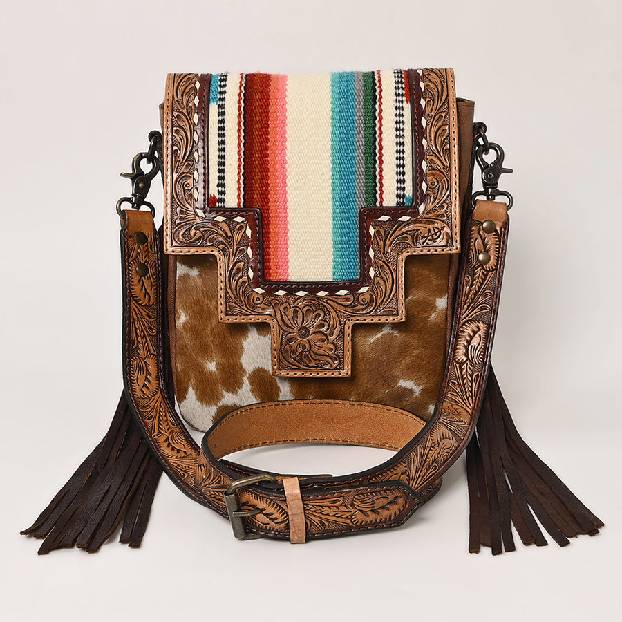 American Darling Messenger Bag for Women, Hand Tooled Floral Leather, Hair-On Cowhide, Woven Saddle Blanket, Genuine Leather