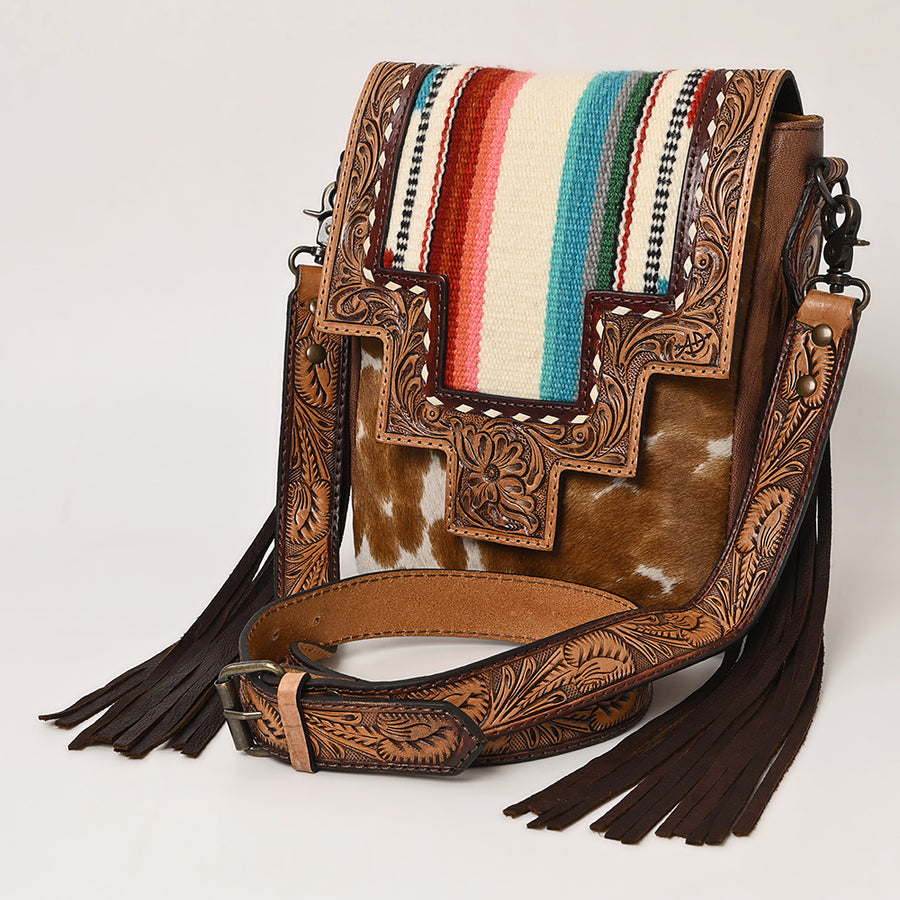 American Darling Hand Tooled Floral and Cowhide Messenger Bag with Saddle Blanket - Uhorse