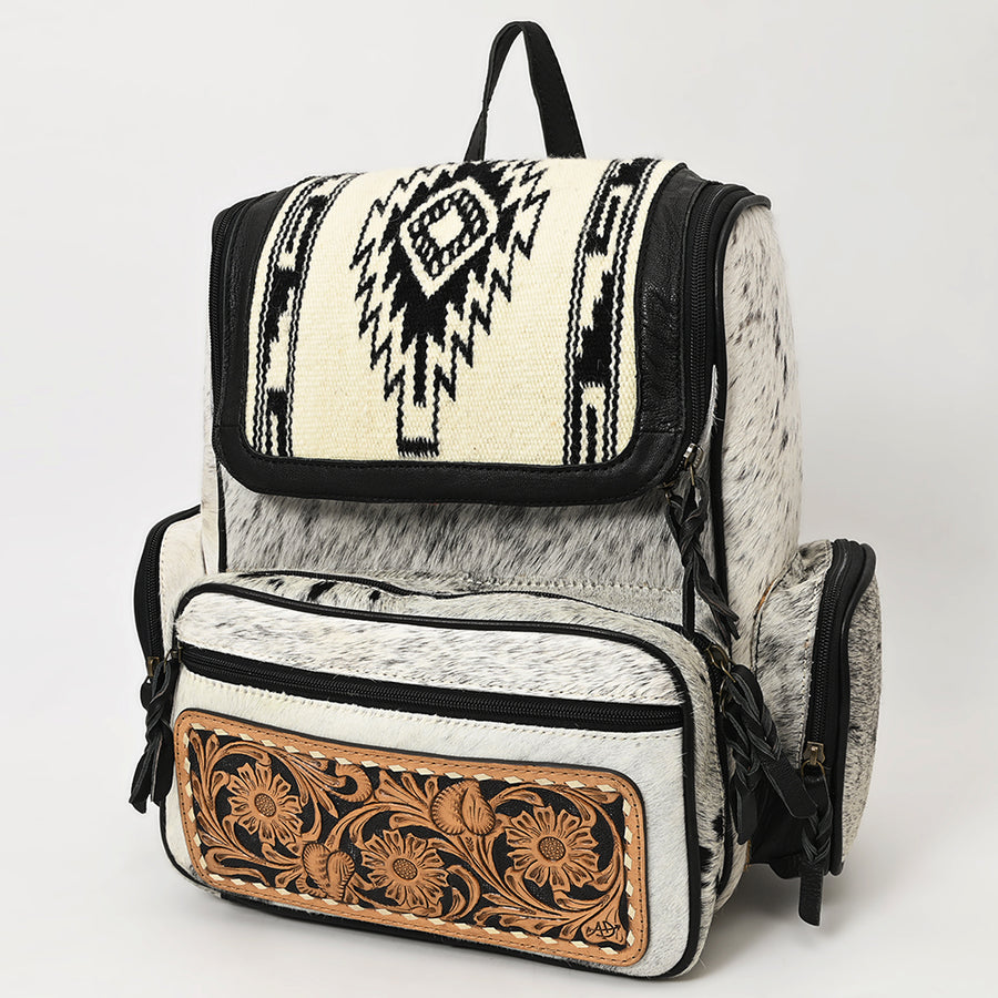 American Darling Hand Tooled Floral Leather and Hair-On Cowhide Backpack with Turquoise Concho - Uhorse