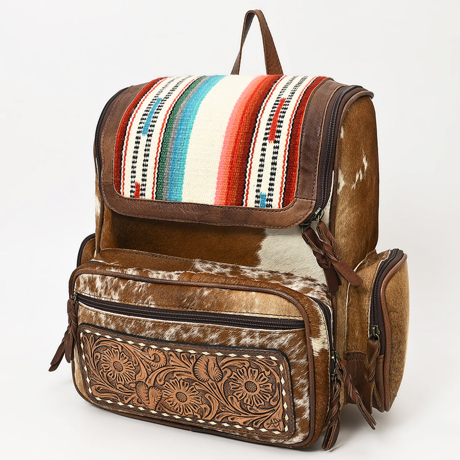 American Darling Hand Tooled Floral Leather and Hair-On Cowhide Backpack with Turquoise Concho - Uhorse