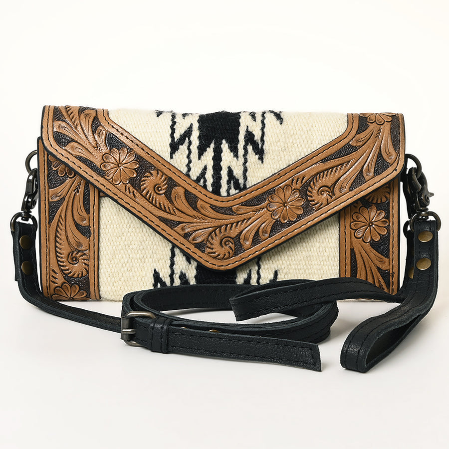 American Darling Envelope Western Hand Tooled Genuine Leather and Saddle Blanket Purse with Wristlet and YKK Zipper
