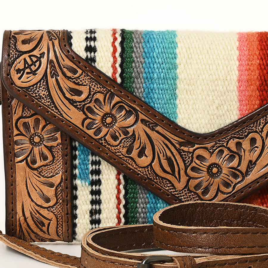 American Darling Envelope Western Hand Tooled Genuine Leather and Saddle Blanket Purse with Wristlet and YKK Zipper