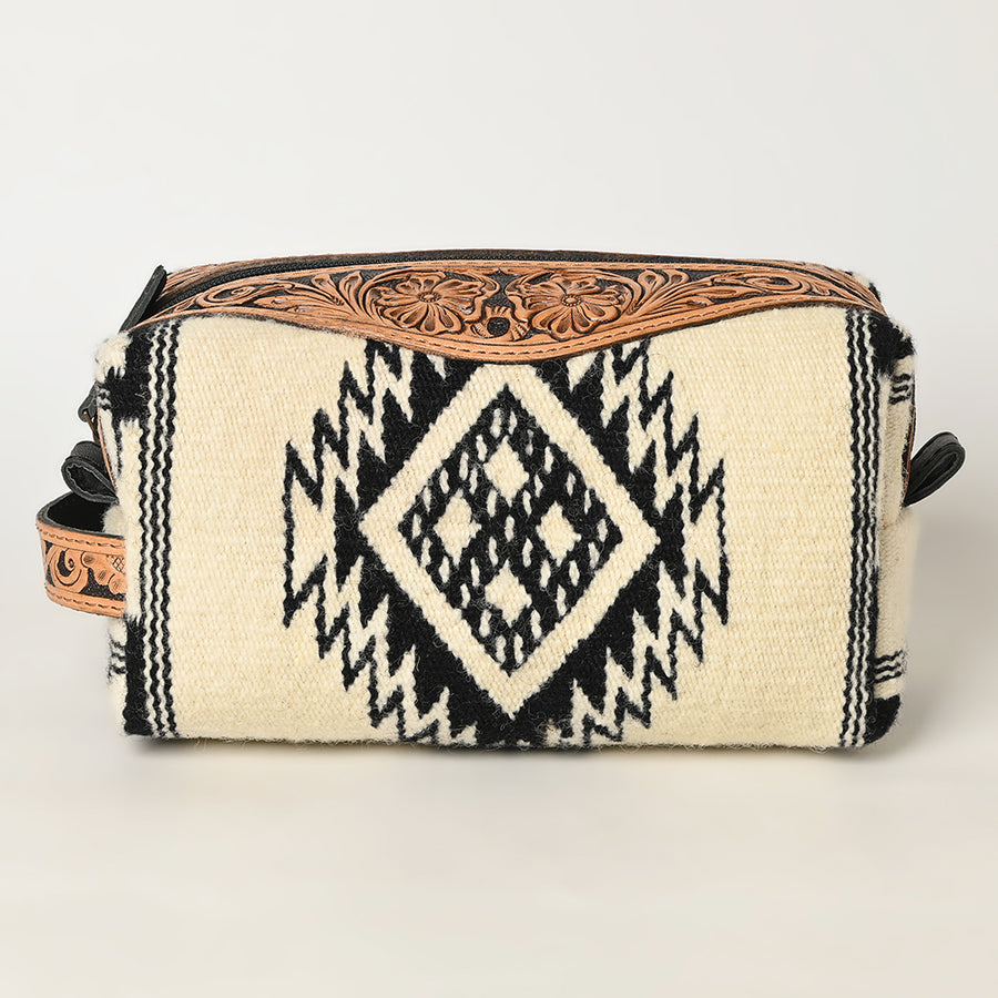 American Darling Toiletry Bag Genuine Leather Hand Tooled Floral Travel Kit with Hand-Woven Saddle Blanket and YKK Zipper