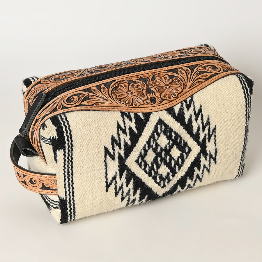 American Darling Toiletry Bag Genuine Leather Hand Tooled Floral Travel Kit with Hand-Woven Saddle Blanket and YKK Zipper