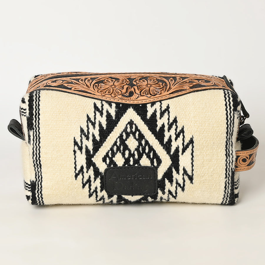 American Darling Toiletry Bag Genuine Leather Hand Tooled Floral Travel Kit with Hand-Woven Saddle Blanket and YKK Zipper