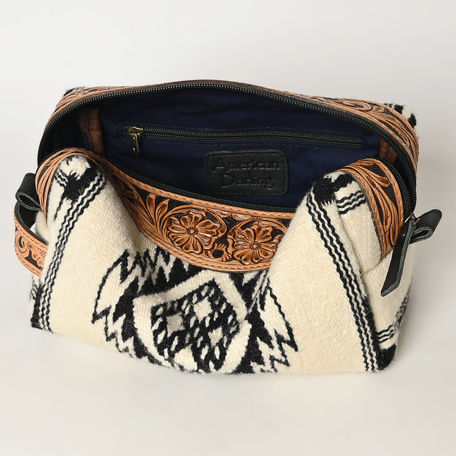 American Darling Toiletry Bag Genuine Leather Hand Tooled Floral Travel Kit with Hand-Woven Saddle Blanket and YKK Zipper