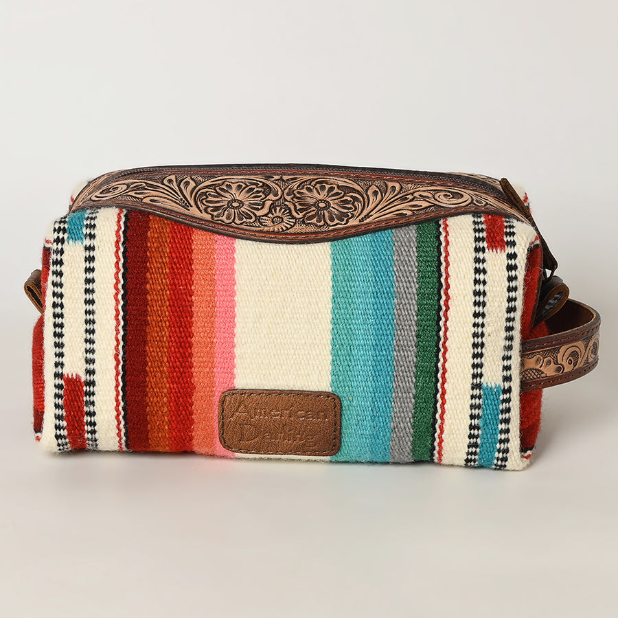 American Darling Toiletry Bag Genuine Leather Hand Tooled Floral Travel Kit with Hand-Woven Saddle Blanket and YKK Zipper
