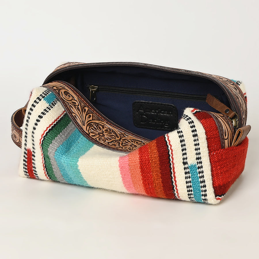 American Darling Toiletry Bag Genuine Leather Hand Tooled Floral Travel Kit with Hand-Woven Saddle Blanket and YKK Zipper