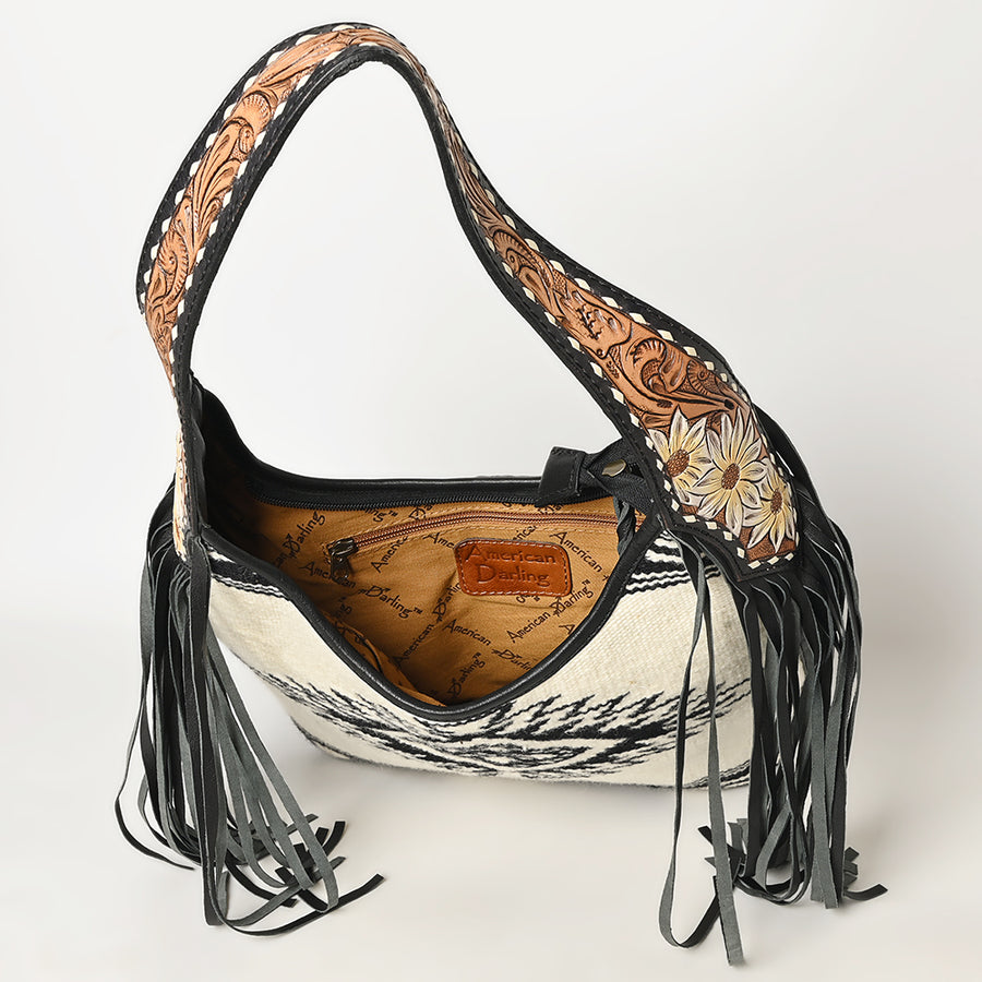 American Darling Western Leather Hobo Bag – Genuine Leather, Fringe, Handwoven Saddle Blanket, Everyday Carry Tote