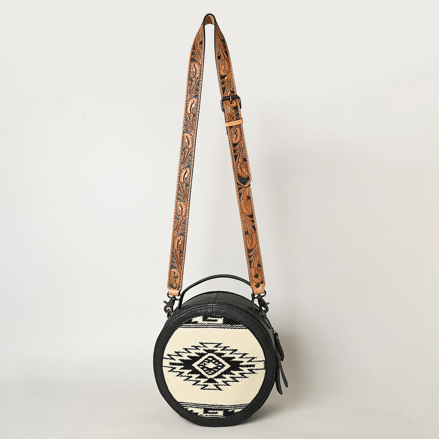 American Darling Western Leather Canteen Bag with Hand Woven Saddle Blanket, Genuine Leather Build & Tooled Shoulder Strap