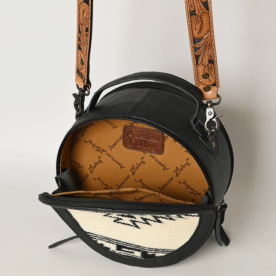 American Darling Western Leather Canteen Bag with Hand Woven Saddle Blanket, Genuine Leather Build & Tooled Shoulder Strap