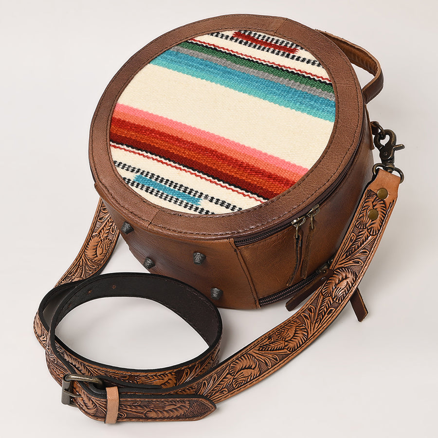 American Darling Western Leather Canteen Bag with Hand Woven Saddle Blanket, Genuine Leather Build & Tooled Shoulder Strap