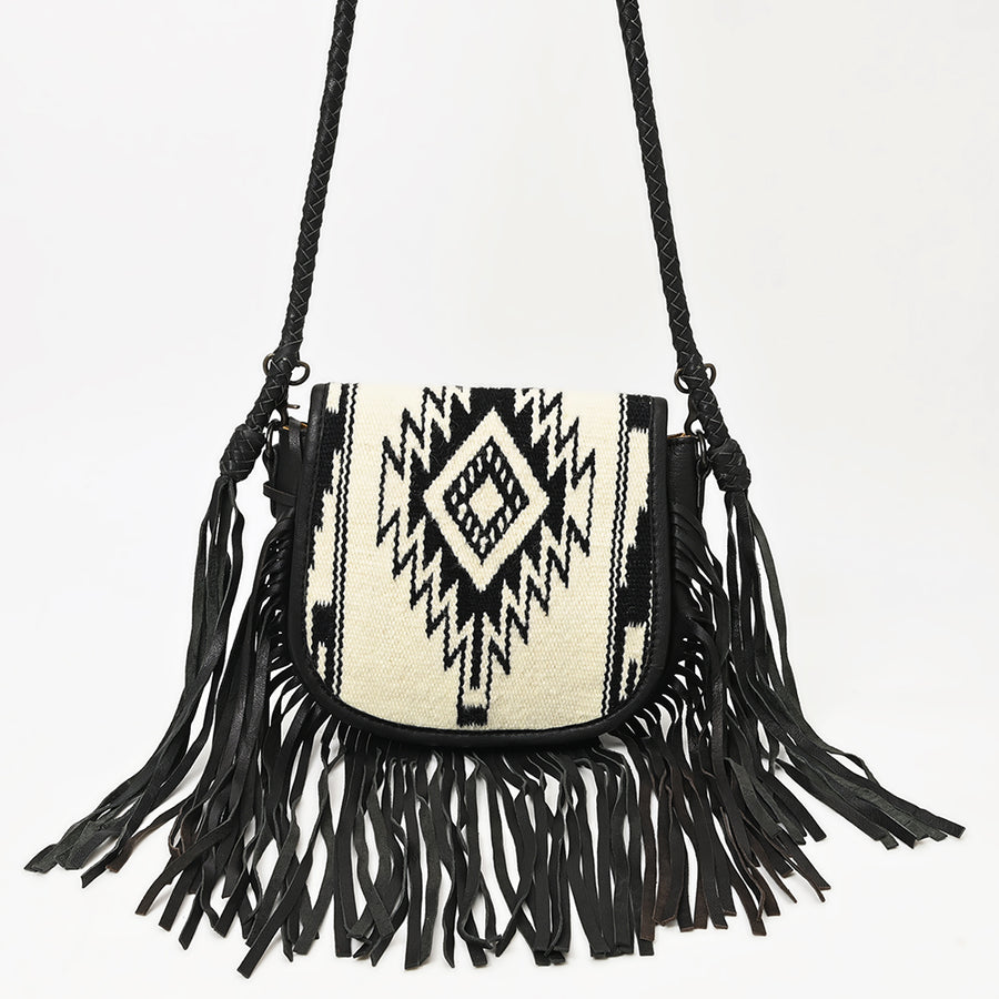 American Darling Western Leather Crossbody Bag with Fringe, Hand Woven Saddle Blanket Front & Genuine Leather Body