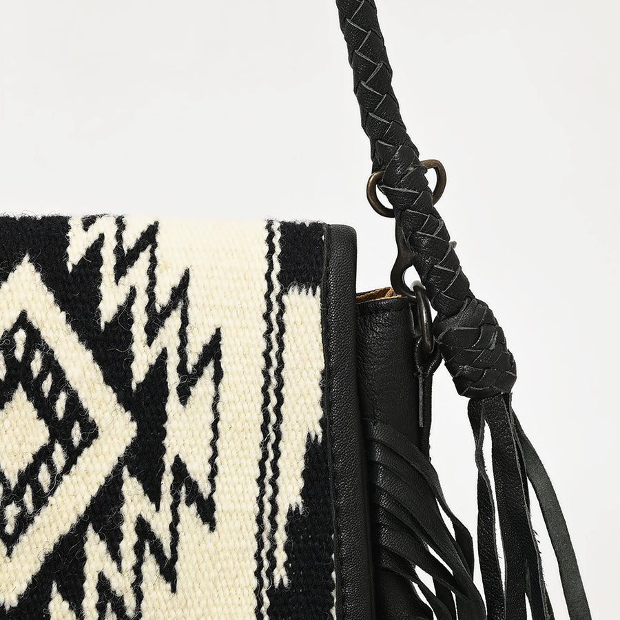 American Darling Western Leather Crossbody Bag with Fringe, Hand Woven Saddle Blanket Front & Genuine Leather Body