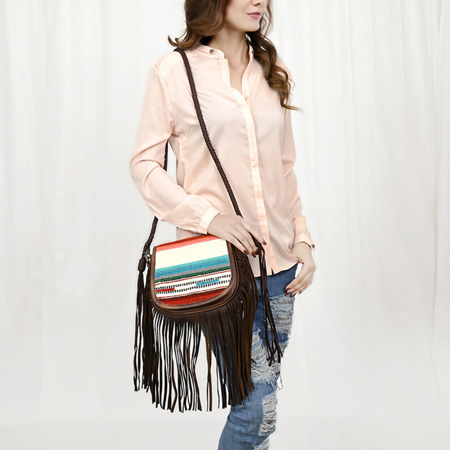 American Darling Western Leather Crossbody Bag with Fringe, Hand Woven Saddle Blanket Front & Genuine Leather Body