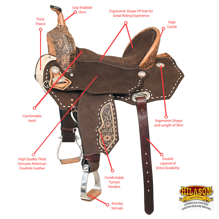 HILASON Flex Tree Western Horse Stud Trail Barrel American Leather Saddle Black | for Horses