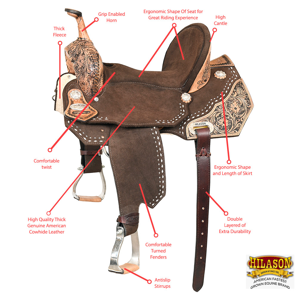 15 In Hilason Flex Tree Western Horse Floral Trail Barrel American Leather Saddle Brown