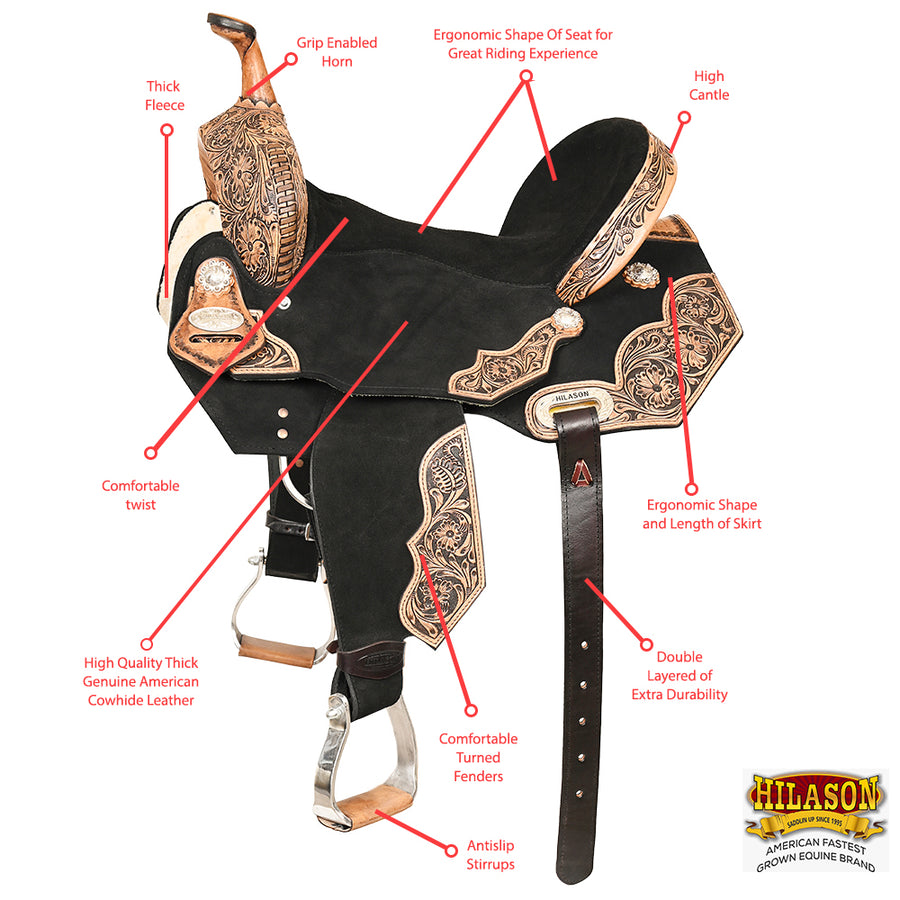 HILASON Flex Tree Western Horse Floral Trail Barrel American Leather Saddle Black | for Horses