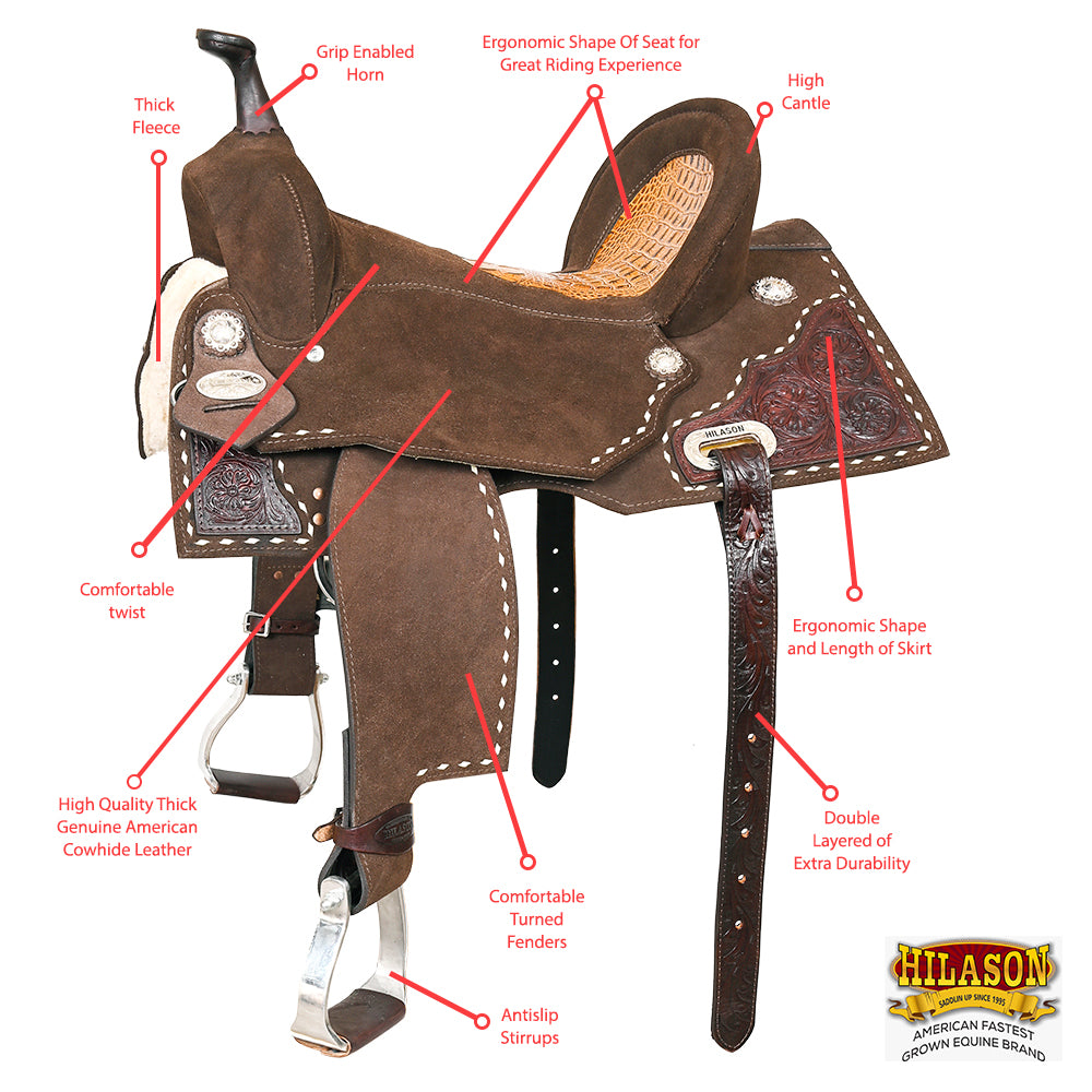 16 In Hilason Flex Tree Western Horse Buckstitch Floral Trail Barrel American Leather Saddle Brown