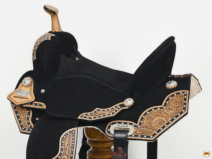 HILASON Flex Tree Western Horse Floral Trail Barrel American Leather Saddle Black | for Horses