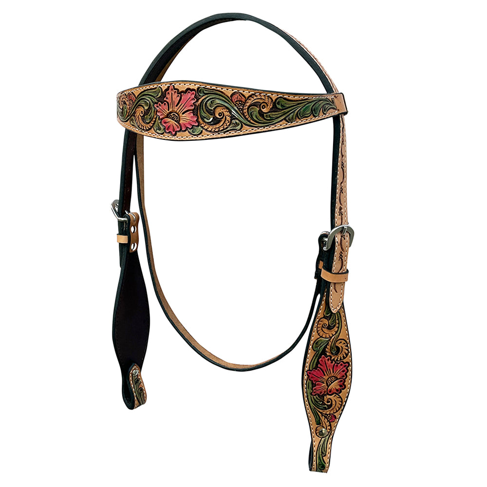 Hilason Horse Floral Hand Painted American Leather Breast Collar Headstall Tan