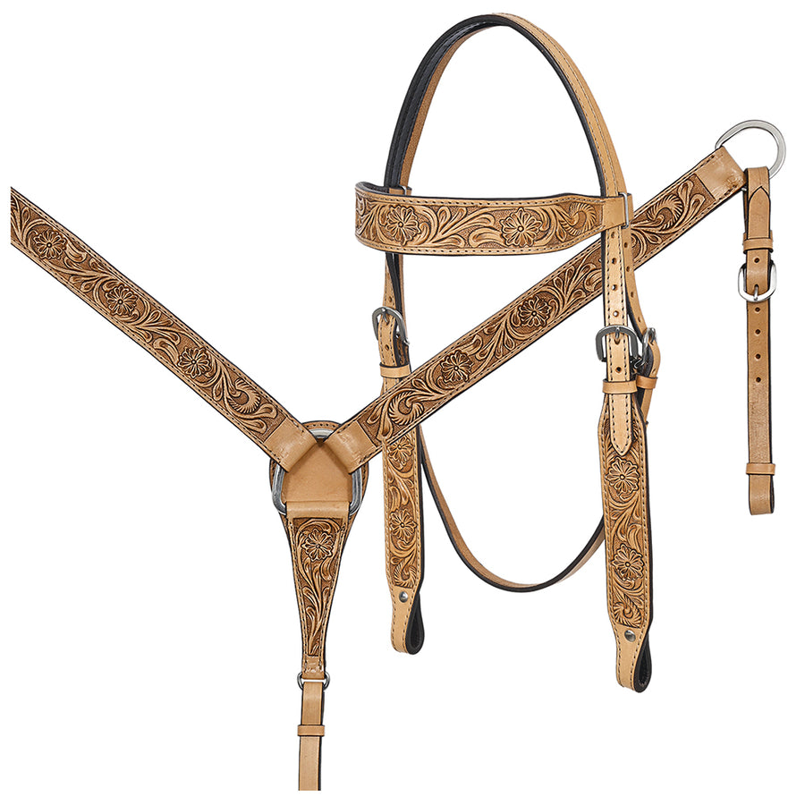 HILASON Western Horse Genuine Leather Hand Tooled Floral Design Headstall Breast Collar Tan - Uhorse