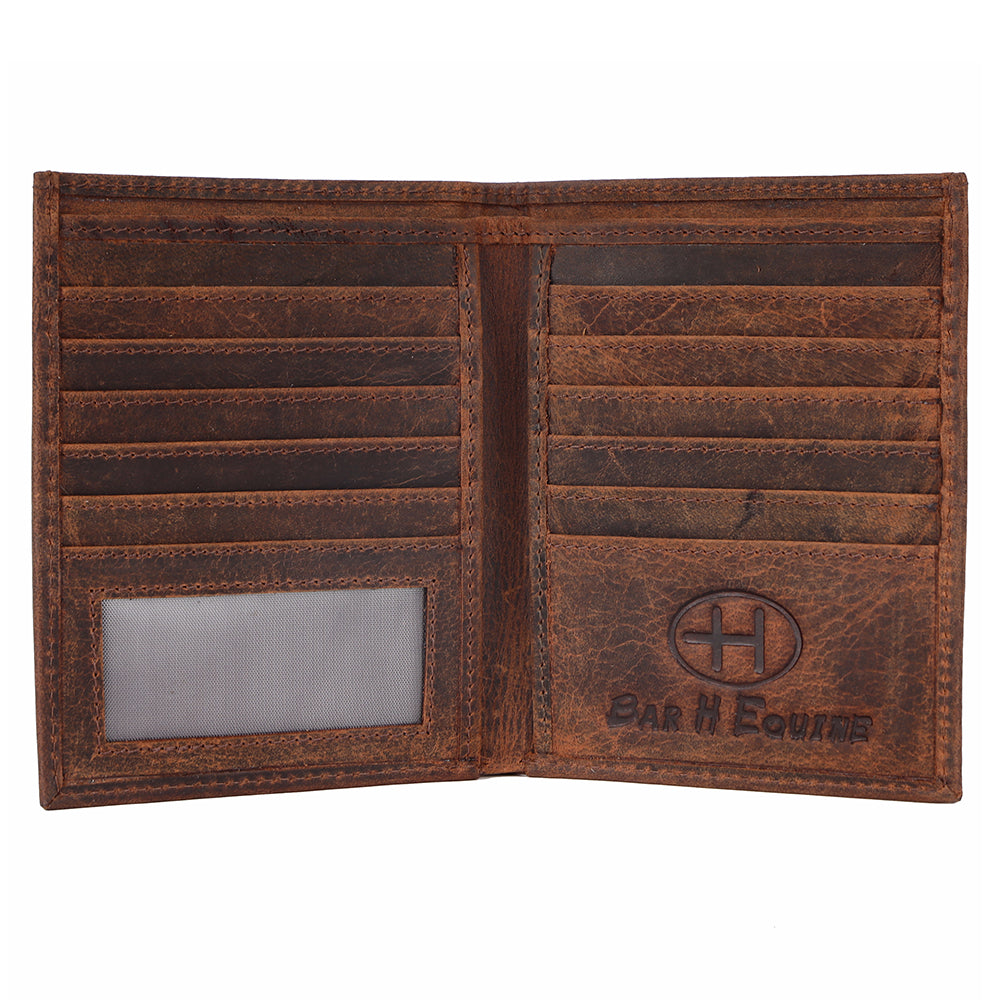 BAR H EQUINE Hand Carved Unisex Bifold Wallet Genuine Hair-On Leather