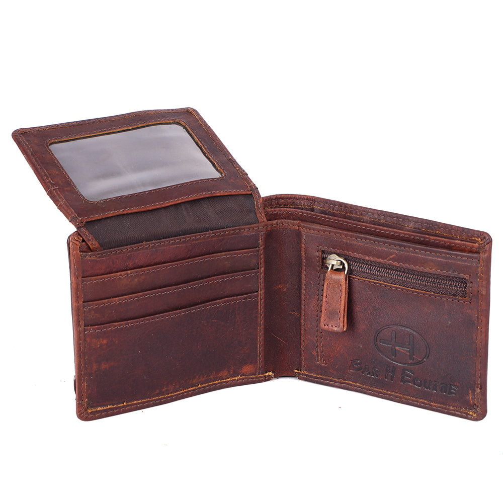 BAR H EQUINE Hand Carved Unisex Bifold Wallet Genuine Hair-On Leather
