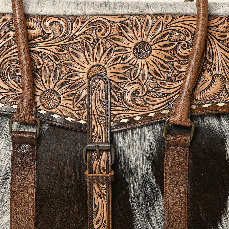 American Darling Western Leather Briefcase Bag with Hand-Tooled Floral Detail Hair-On Cowhide Genuine Leather Tote Office Carry Bag
