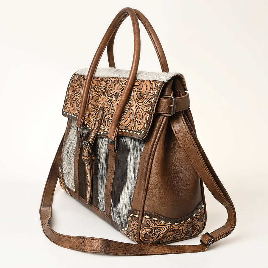 American Darling Western Leather Briefcase Bag with Hand-Tooled Floral Detail Hair-On Cowhide Genuine Leather Tote Office Carry Bag