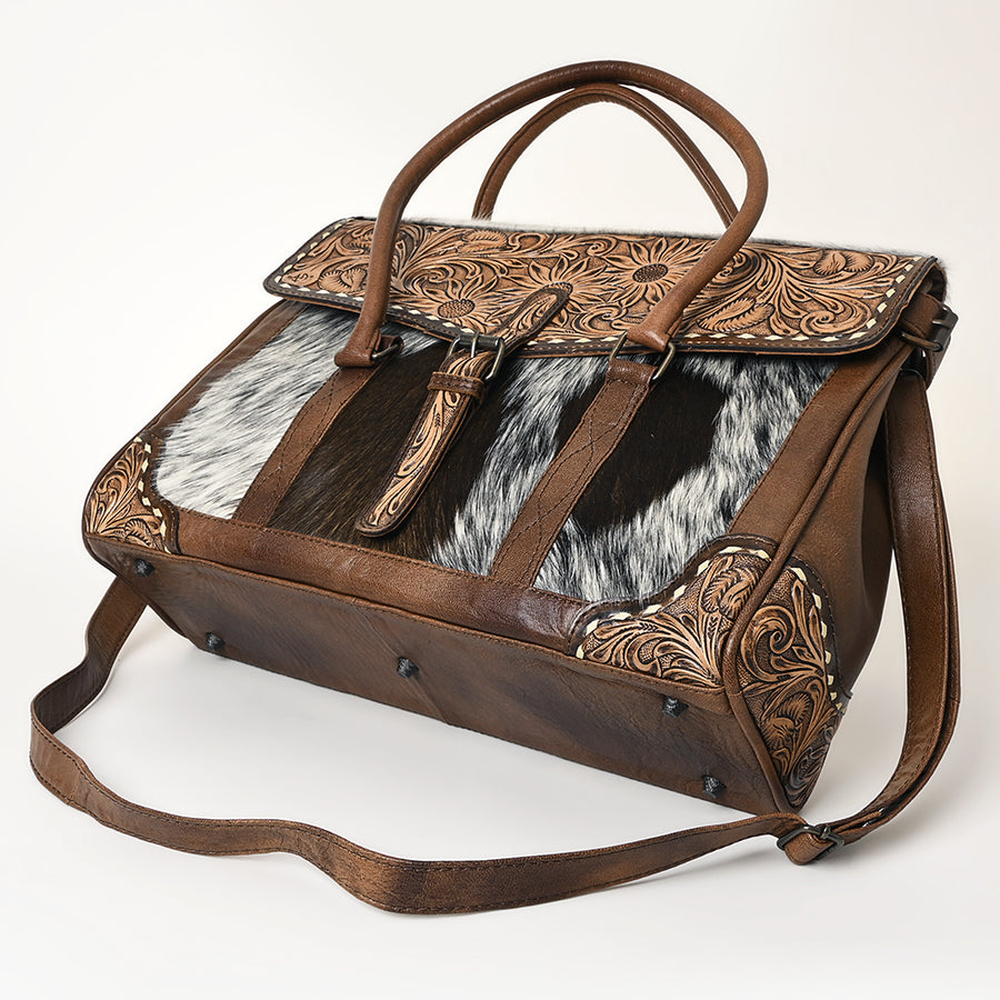 American Darling Western Leather Briefcase Bag with Hand-Tooled Floral Detail Hair-On Cowhide Genuine Leather Tote Office Carry Bag
