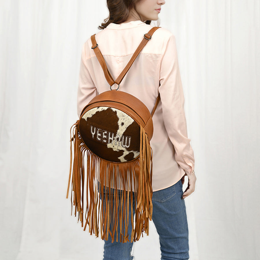 American Darling Western Hair-On Cowhide Fringe Backpack Bag Genuine Leather Handmade Travel Festival Everyday Western Style Bag