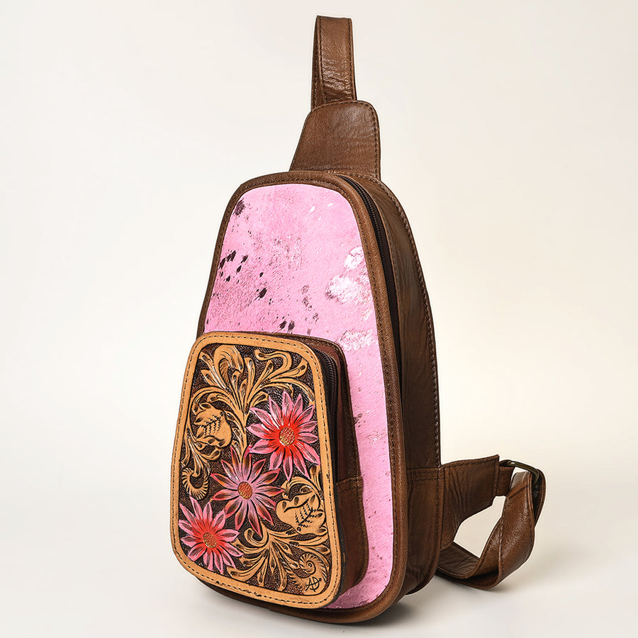 American Darling Pink Cowhide Sling Bag | Tooled Leather Backpack - Uhorse