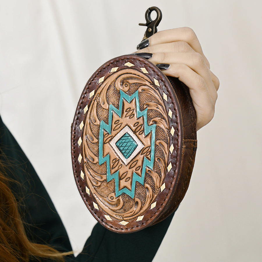 American Darling Western Wristlet Bag – Genuine Leather Hand-Tooled Design with Buckstitch & Secure Zip Closure
