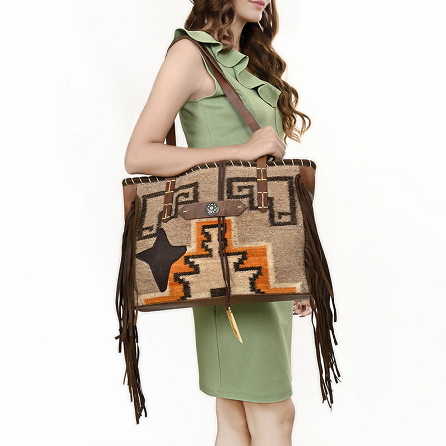 American Darling Hand-Woven Saddle Blanket Tote Bag – Genuine Leather Fringe Western Purse with Strap for Daily Use and Travel